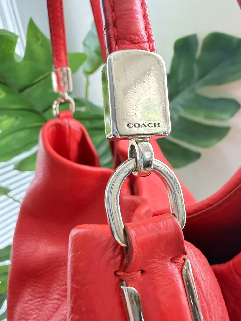 Coach Red Pebbled Leather Shoulder Tote with Gold Hardware